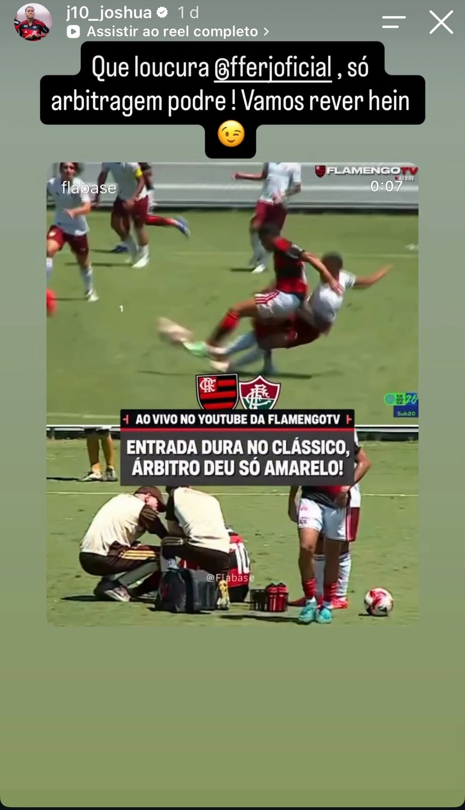 Jogador se revolta com o árbitro e manda recado após sofrer forte entrada em jogo do Flamengo x Fluminense